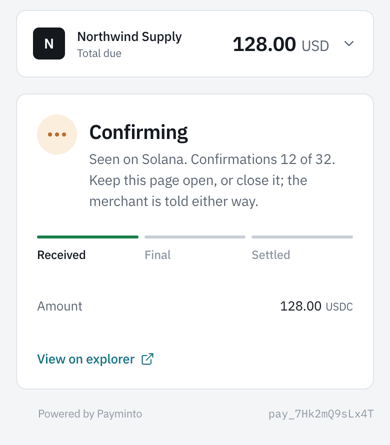 Hosted checkout confirming a USDC payment on Solana, with the Received, Final, Settled rail (sample data)