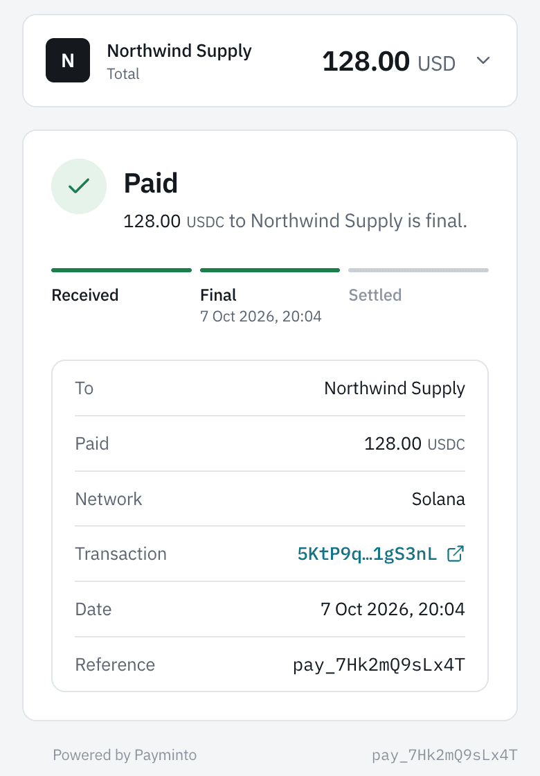 Hosted checkout showing a paid USDC payment on Solana with received and final steps